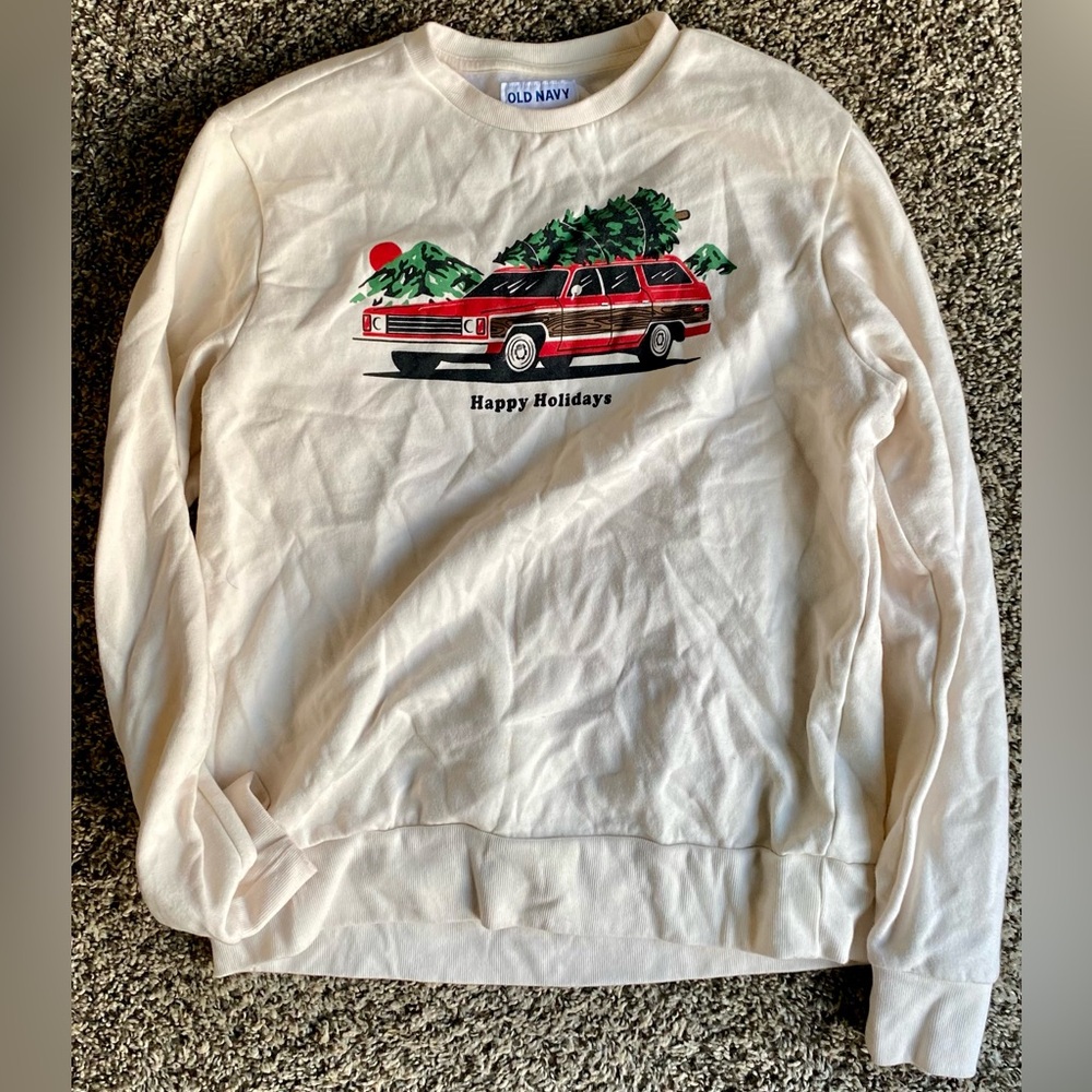 Old Navy Classic Cream Festive Car & Christmas Tree Sweatshirt 🎄
